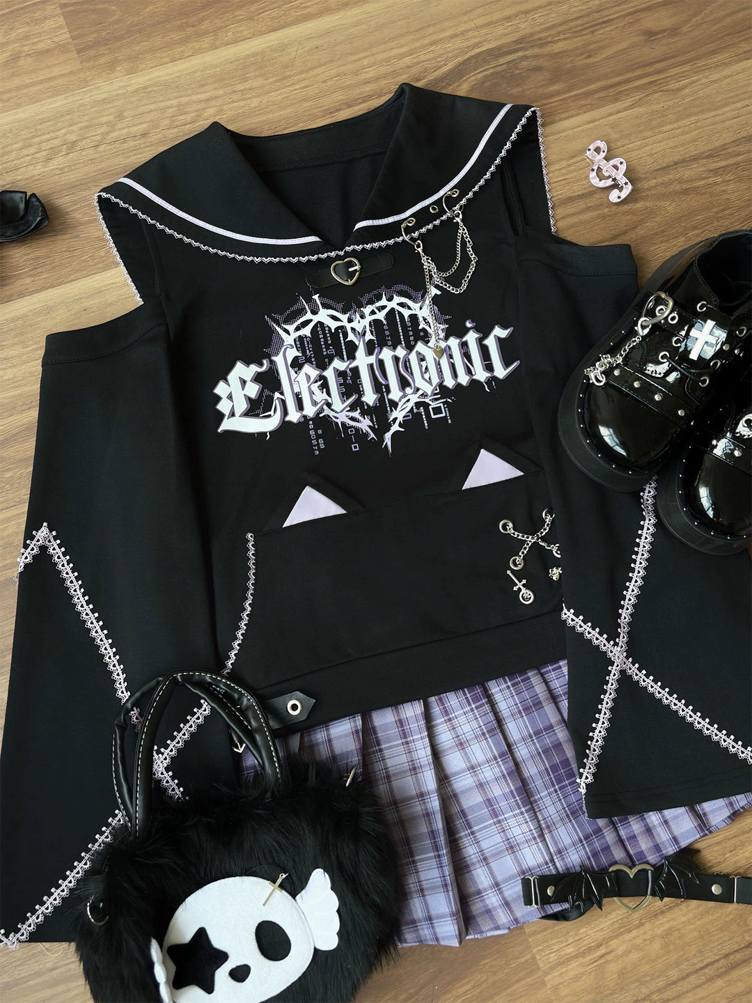 Sub Culture Sweatshirt, Cat Ear Sailor Collar, Front Pocket 43810:786308