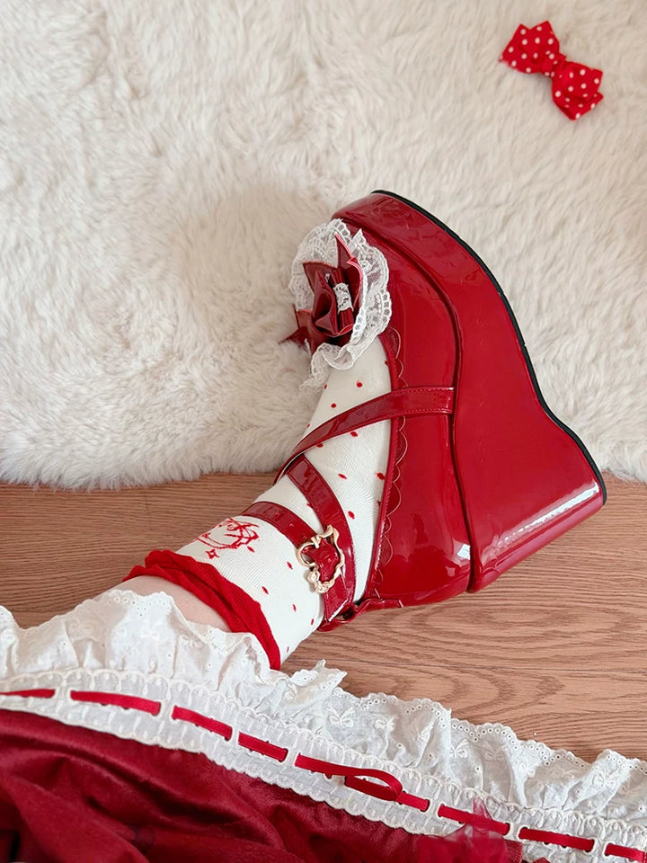 Sweet Lolita Wedge Shoes, Heart & Bow Details 45951:872546