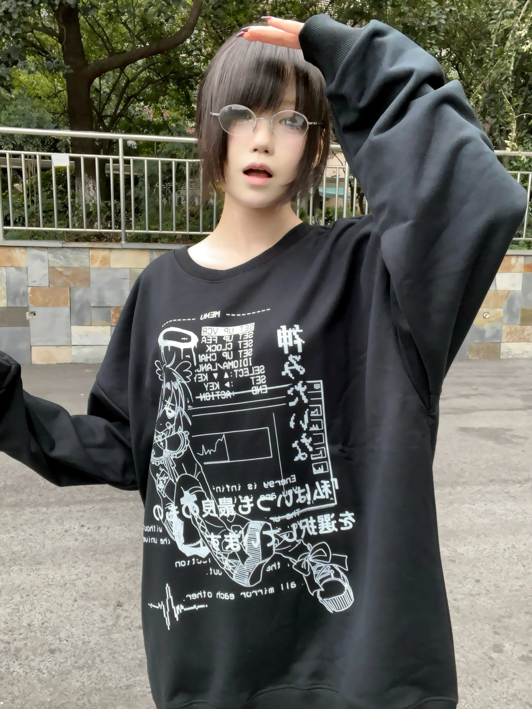 Jirai Kei Sweatshirt Cyber Punk Anime Print Shirt (L M / Black) 39744:635344