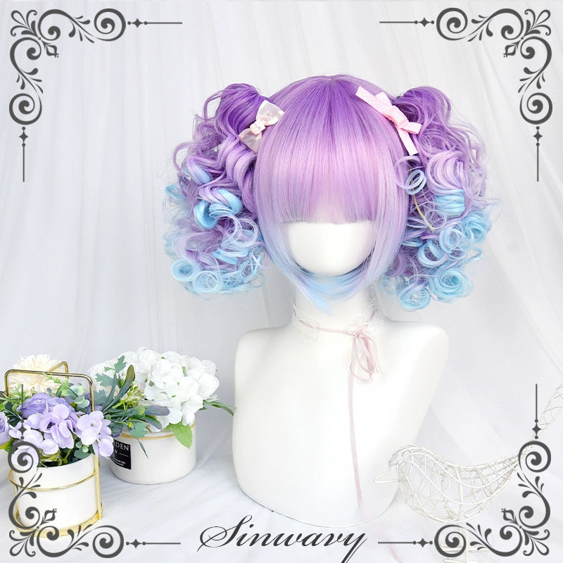 Lolita Wig Blue-Purple Bob Haircut Claw Clip Ponytails 39346:635496