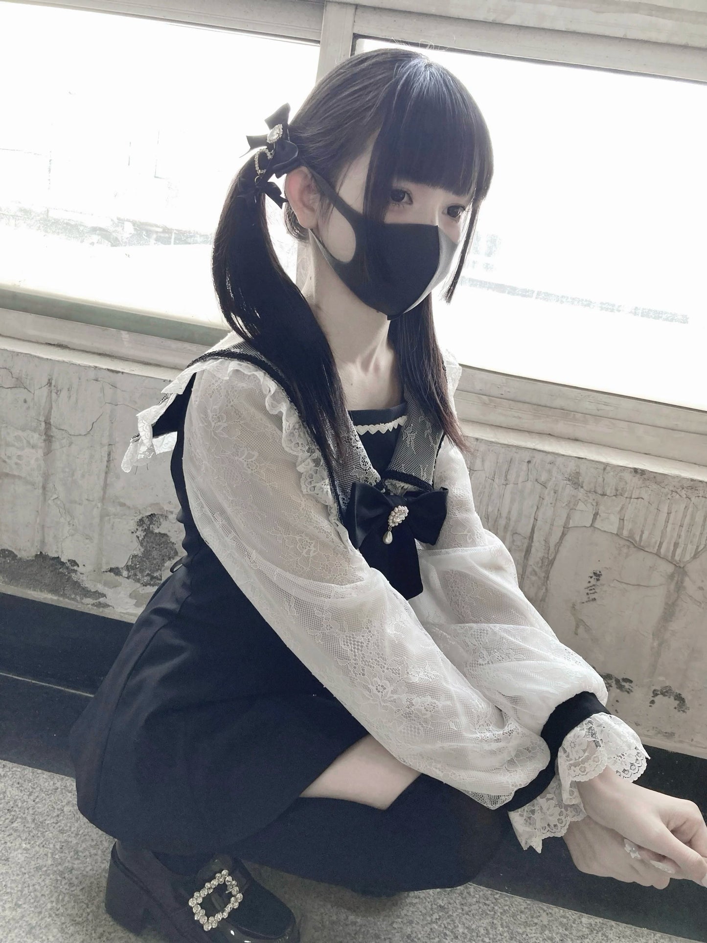 Black Jirai Kei Set Lace Sleeve Sailor Collar Dress Shorts 37650:567954