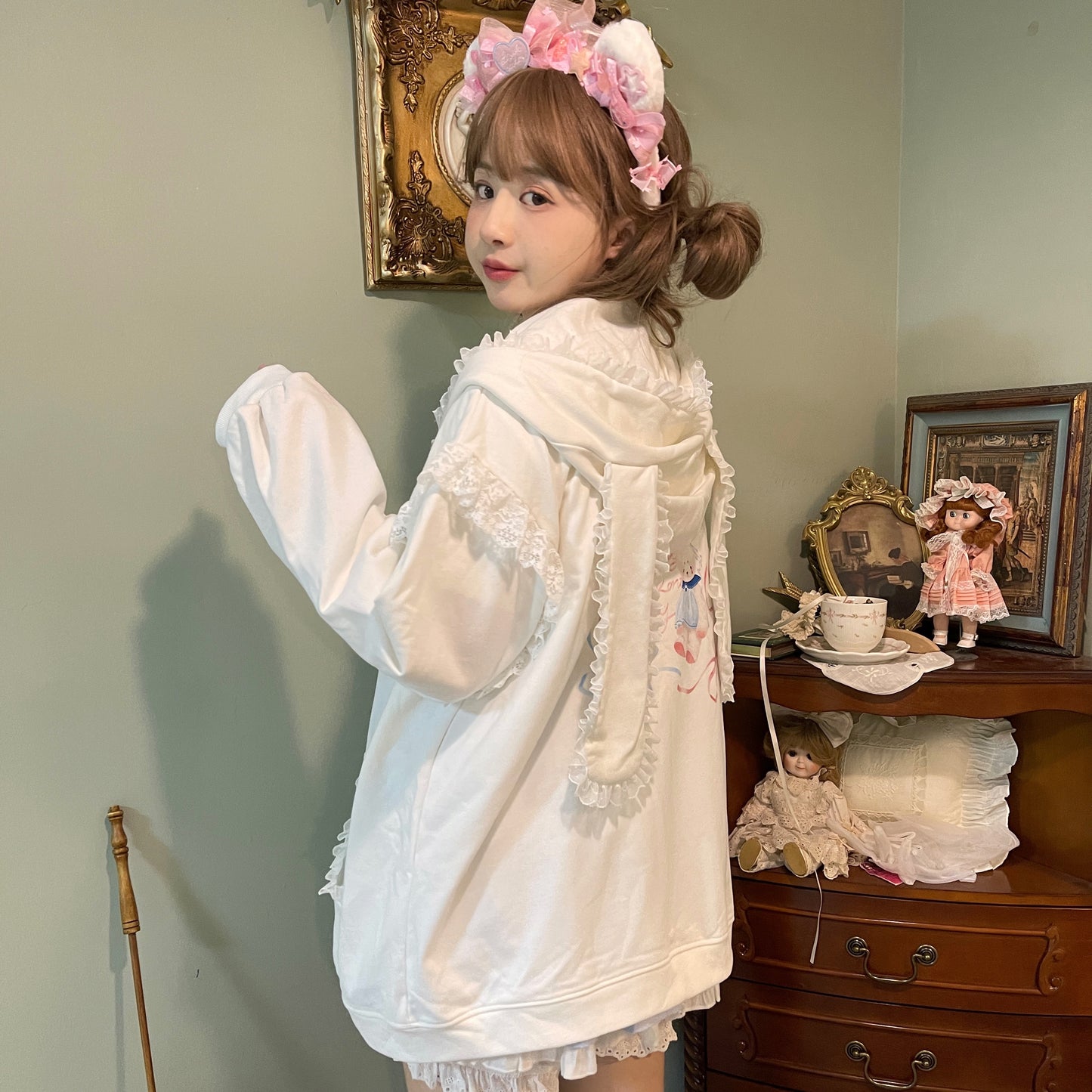Fairy Kei Bunny Ears Hoodie Lace Coat Multicolor (White) 22654:345506