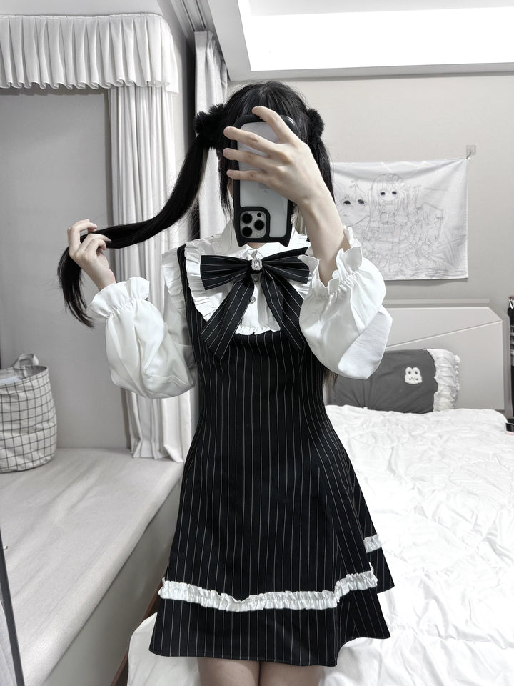 Jirai Kei Striped Long-Sleeve Dress, Detachable Bow (2XL L M S XL) 45797:864464