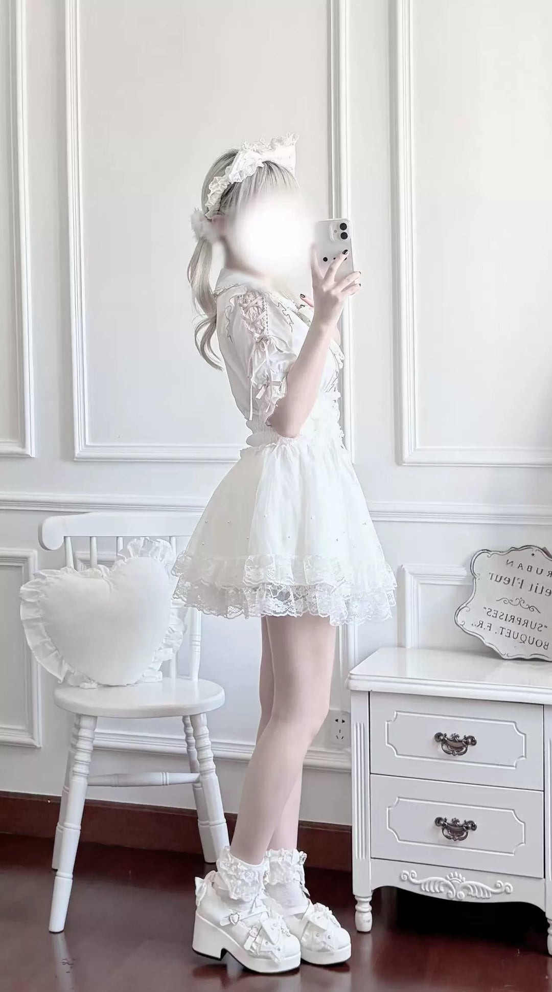 Jirai Kei Lace Collar Blouse, Pearl-decorated Skirt 45869:867396