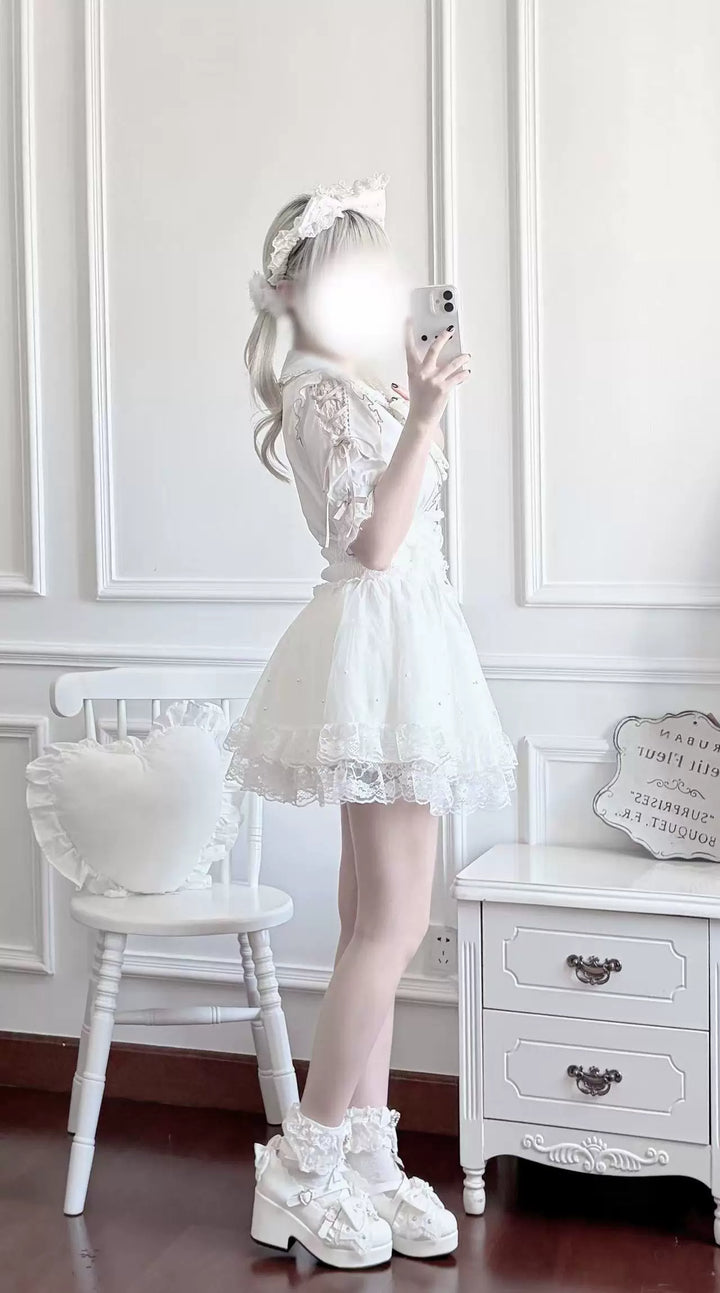 Jirai Kei Lace Collar Blouse, Pearl-decorated Skirt 45869:867396