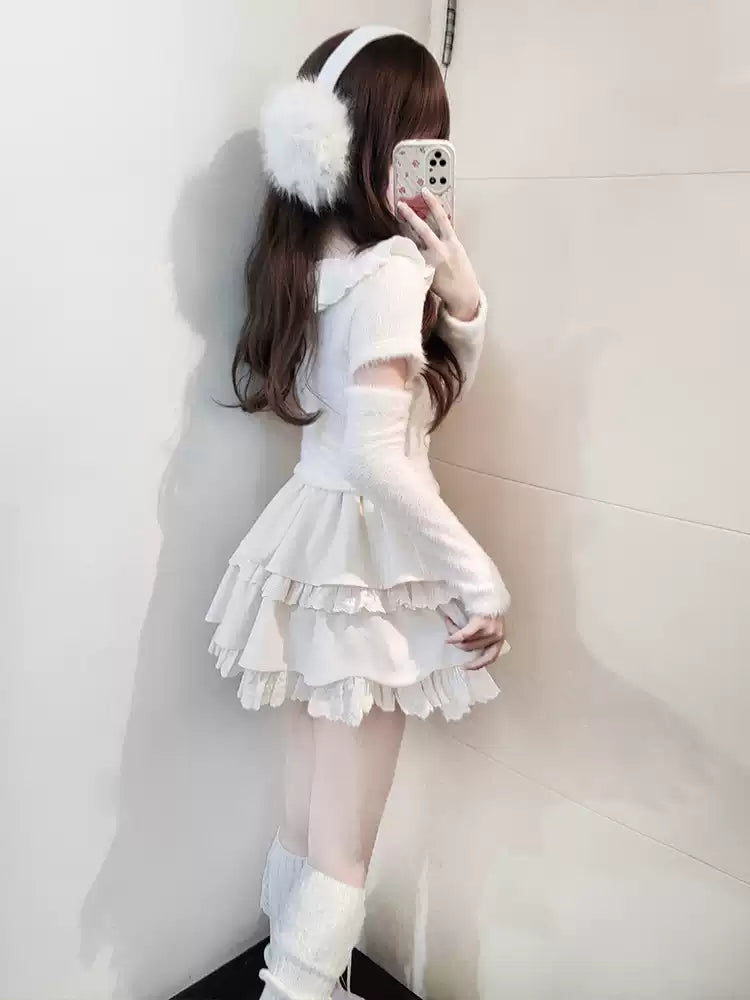 Sweet Kawaii White Sweater Cake Skirt Set 41556:703714