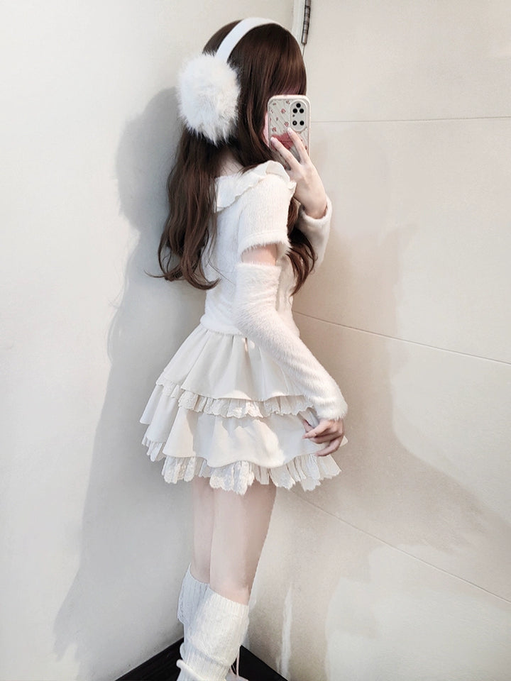 Sweet Kawaii White Sweater Cake Skirt Set 41556:703680