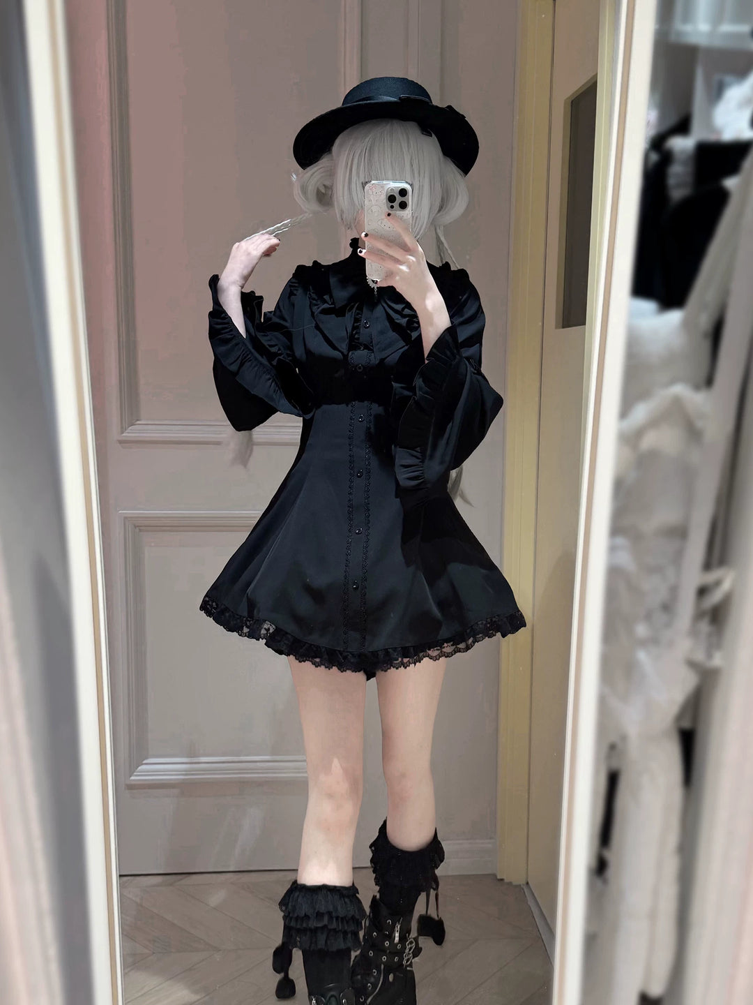 Flared Sleeves Jirai Kei Dress, Rhinestone Bow (2XL 3XL 4XL L M S XL XS) 44951:831287