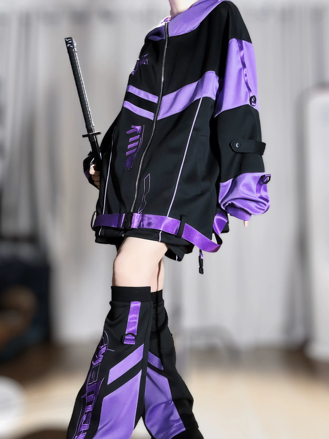 Techwear Hooded Jacket Outfit, Elastic-Waist Shorts 45014:849589