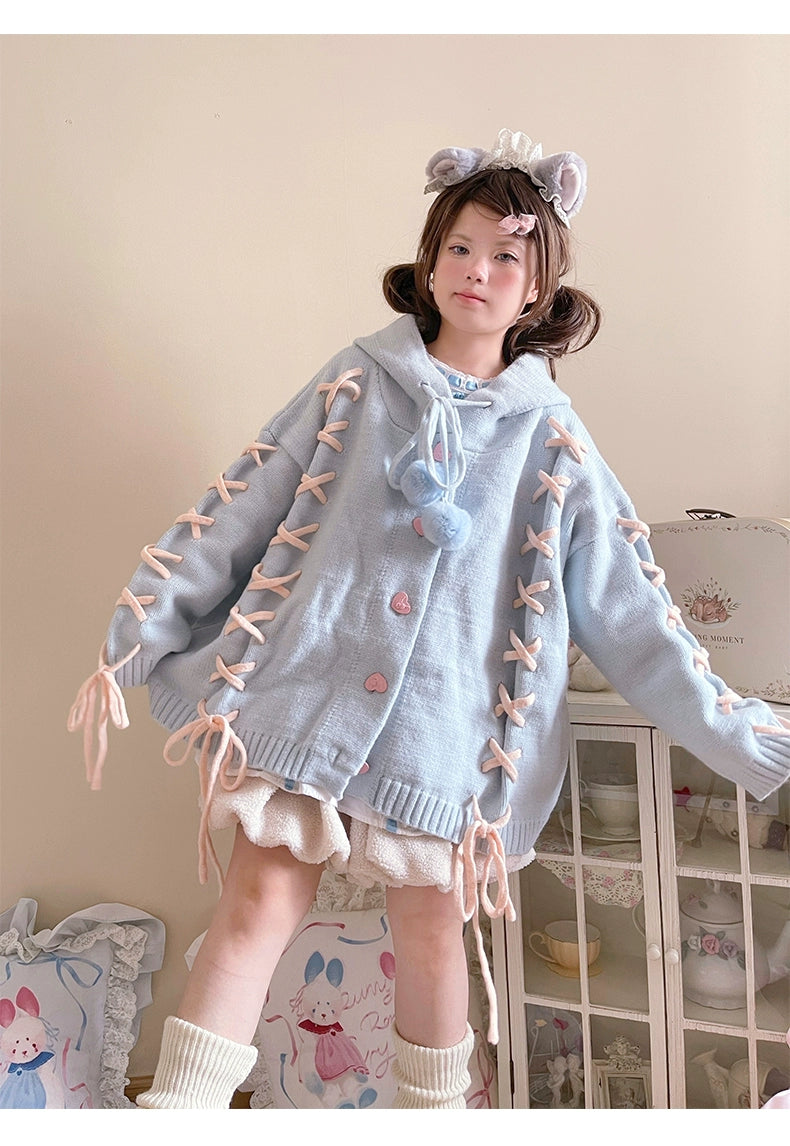 Kawaii White Pink Blue Cardigan Bunny Ears Sweater Coat 22658:345344 22658:345344