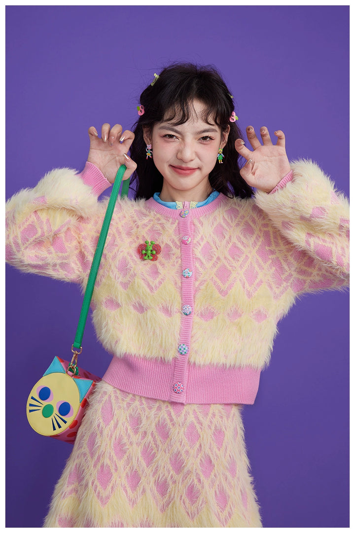 Fairy Kei Pink And Yellow Sweater Plush Check Sweater Set 31686:391814 31686:391814