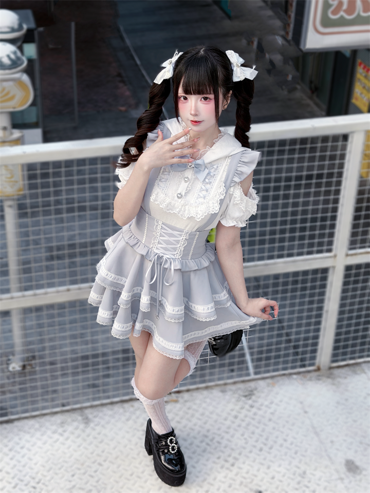 Ryousangata Bunny Ear Hooded Blouse, Tiered Suspender Skirt 45575:858417