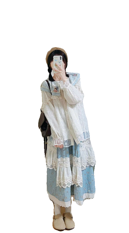 Mori Kei Blouse Blue Plaid Ruffle Lace Shirt Beige Top 39440:640542