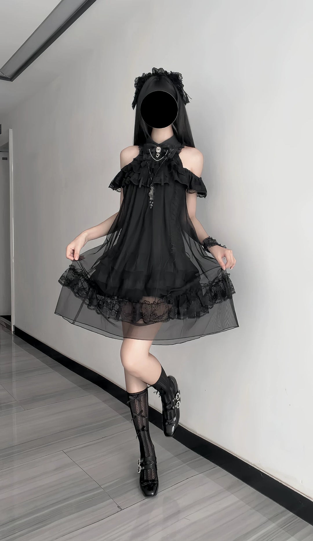 Seiso Kei Open Shoulder Dress, Black Tulle Overlay 45555:854201