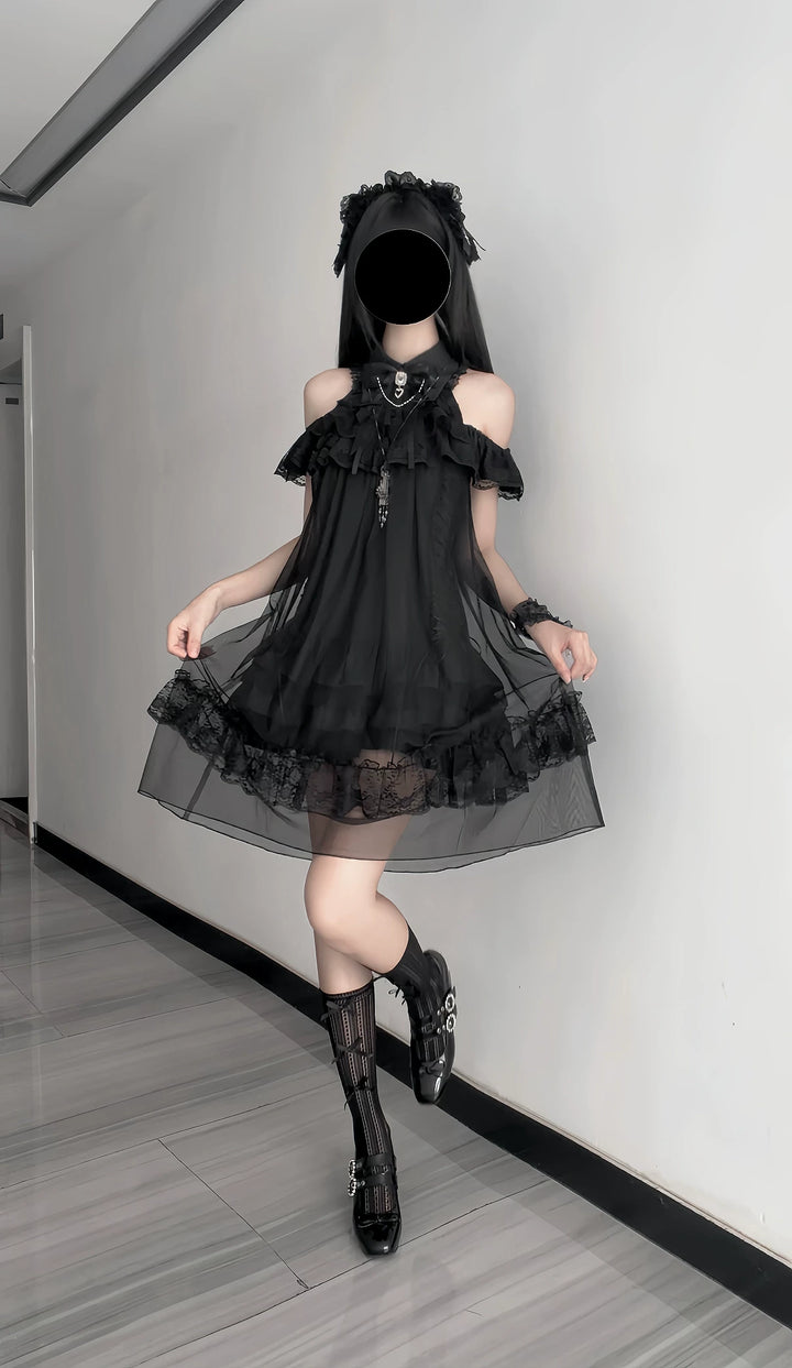 Seiso Kei Open Shoulder Dress, Black Tulle Overlay 45555:854201