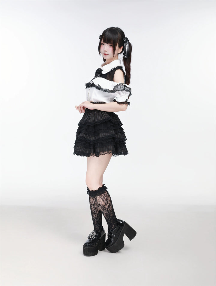 Jirai Kei Open Shoulder Lace Blouse, Pearl-Decorated Peter Pan Collar 43328:773830