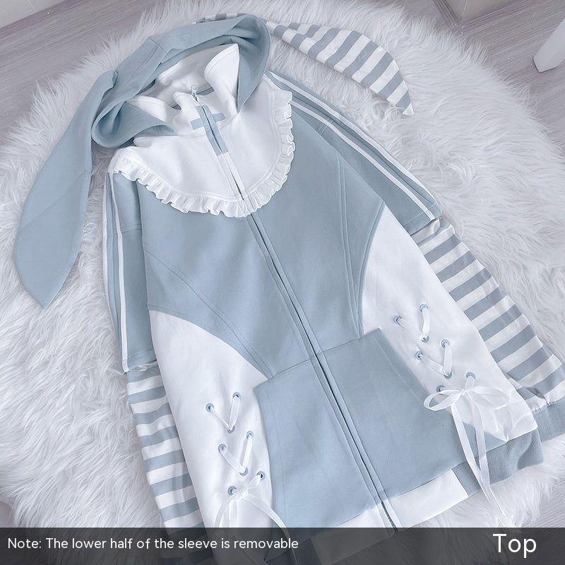 Jirai Kei Blue Hooded Coat With Long Bunny Ears (Large Small / Hoodie) 21834:319480 (Large Small / Hoodie) 21834:319480