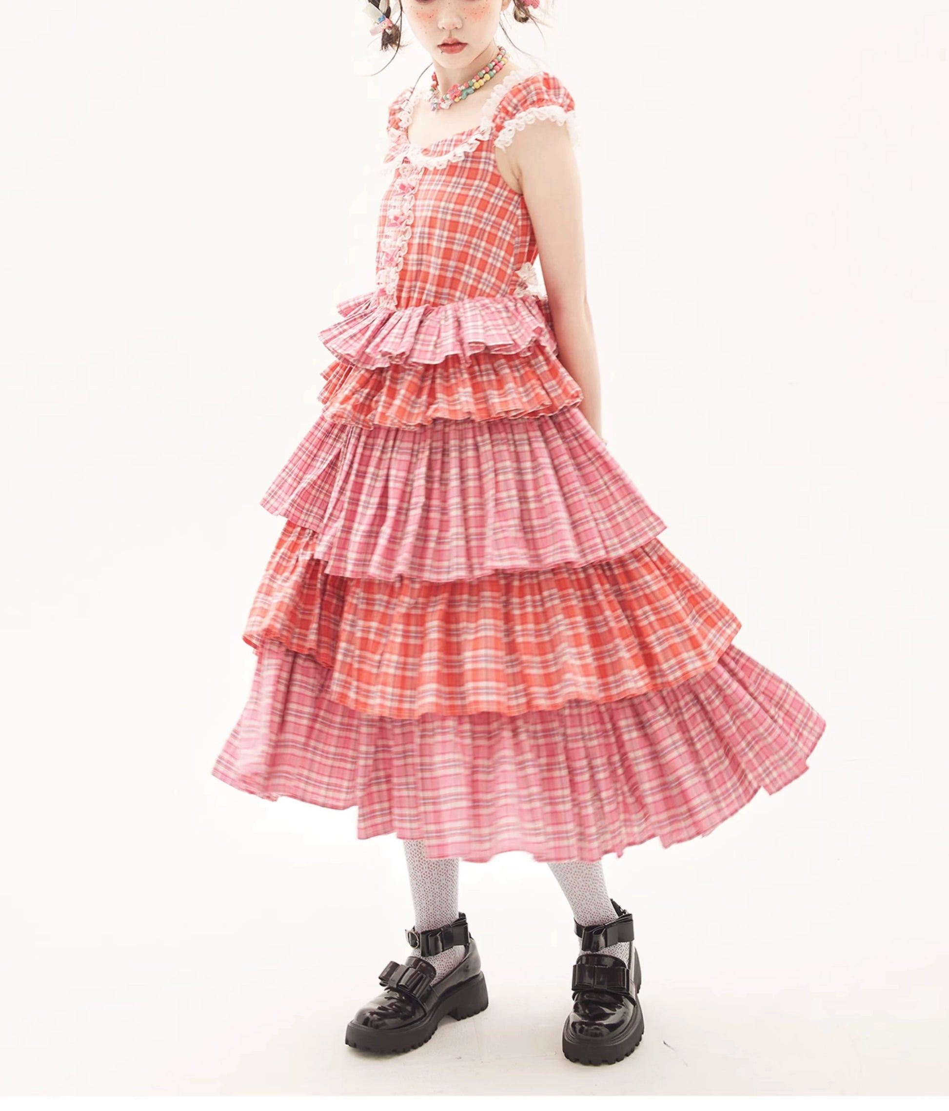 Sweet Lolita Dress Pink Plaid Dress Kawaii Layered Dress 36166:543354