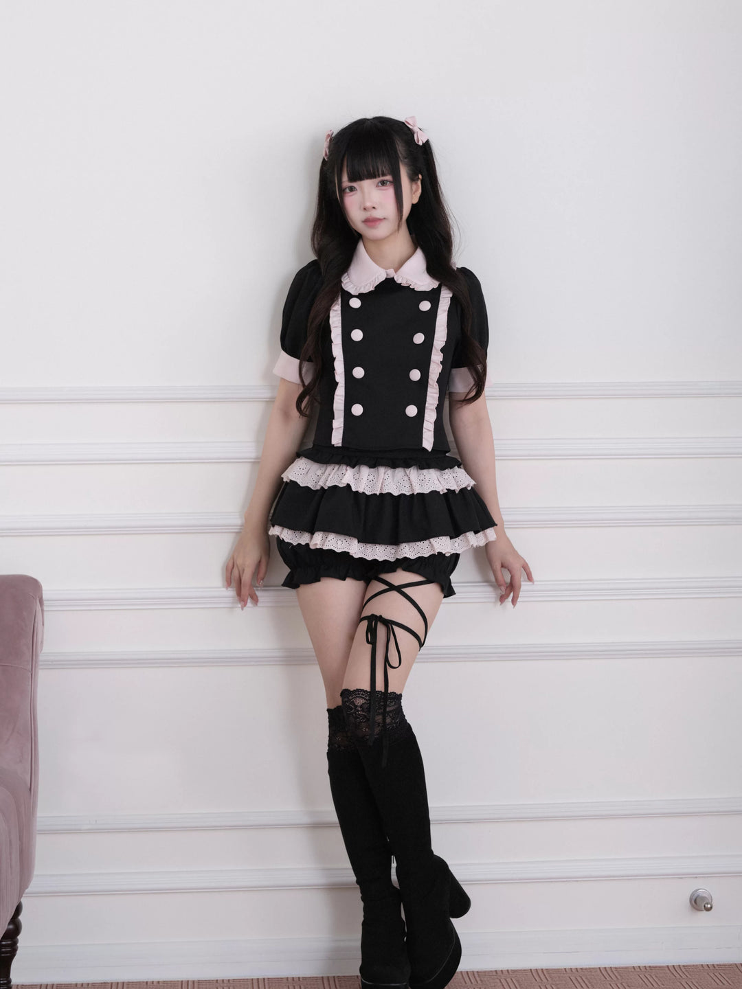 Jirai Kei Double Breasted Blouse, Layered Skort 45263:843475