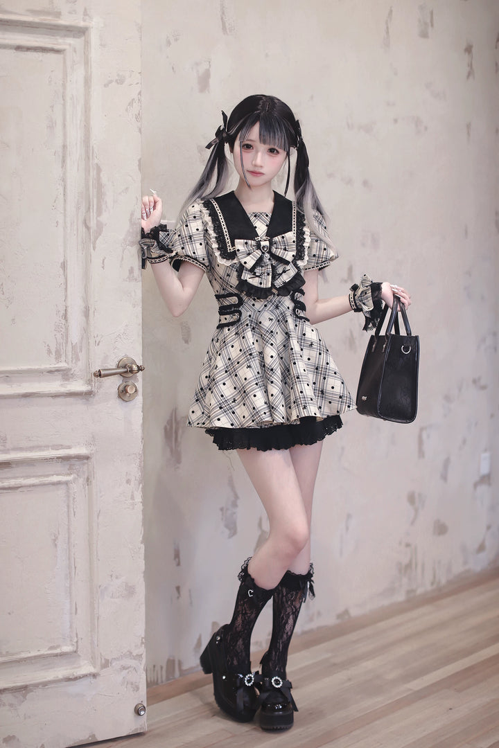 Cotton Lining Jirai Kei Dress, Plaid & Polka Dot Style 44924:829919