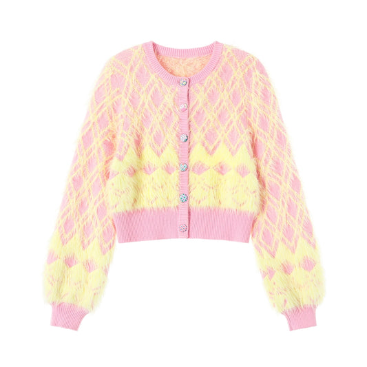 Fairy Kei Pink And Yellow Sweater Plush Check Sweater Set (L M) 31686:391782