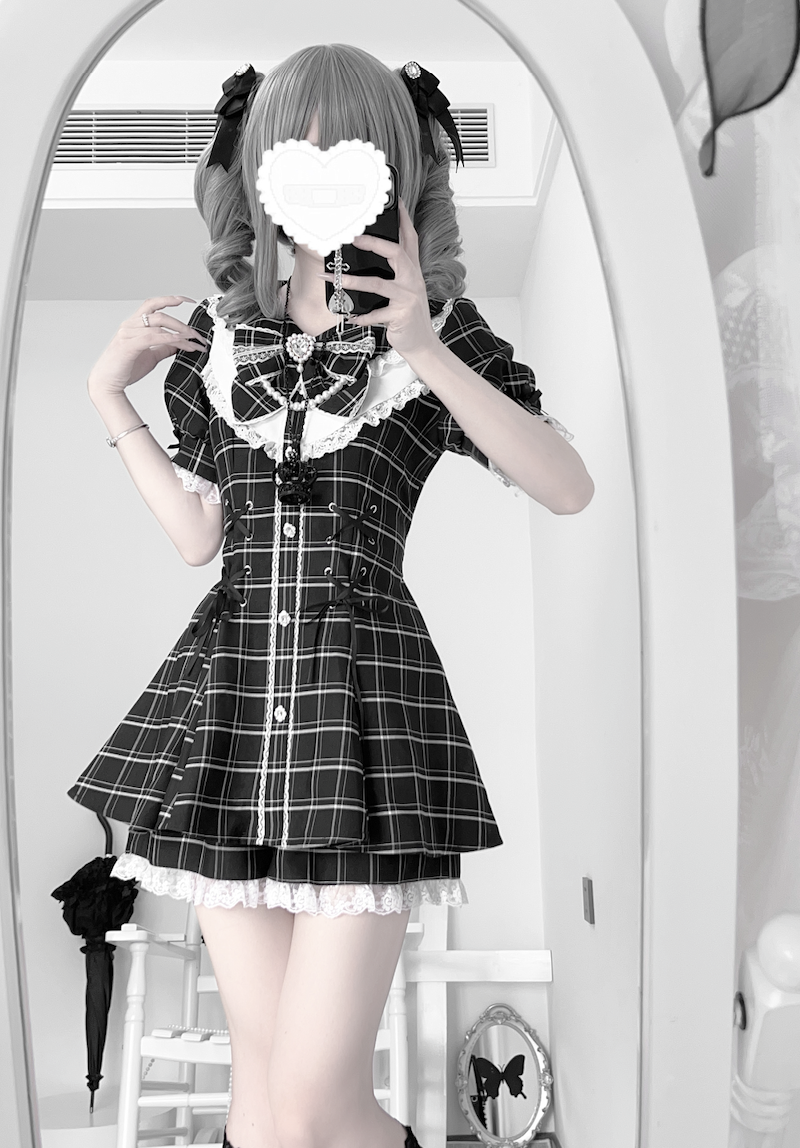 Jirai Kei Dress With Lace-Up Waist & Pocketed Shorts 43005:761706