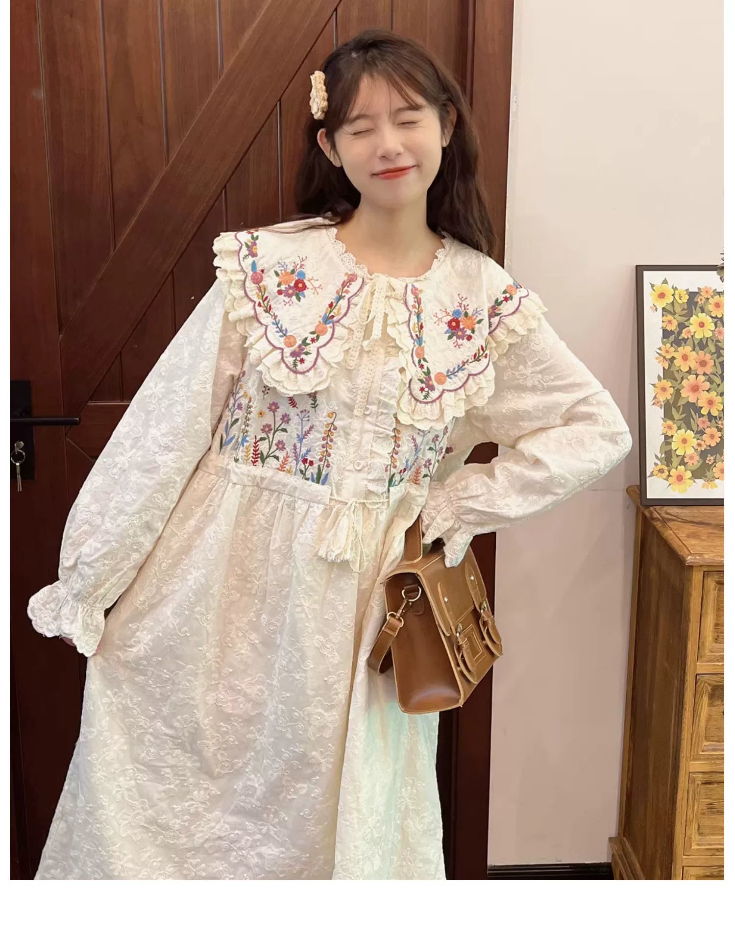 Cottagecore Dress Mori Kei Dress Embroidered Lace Dress 36214:524278