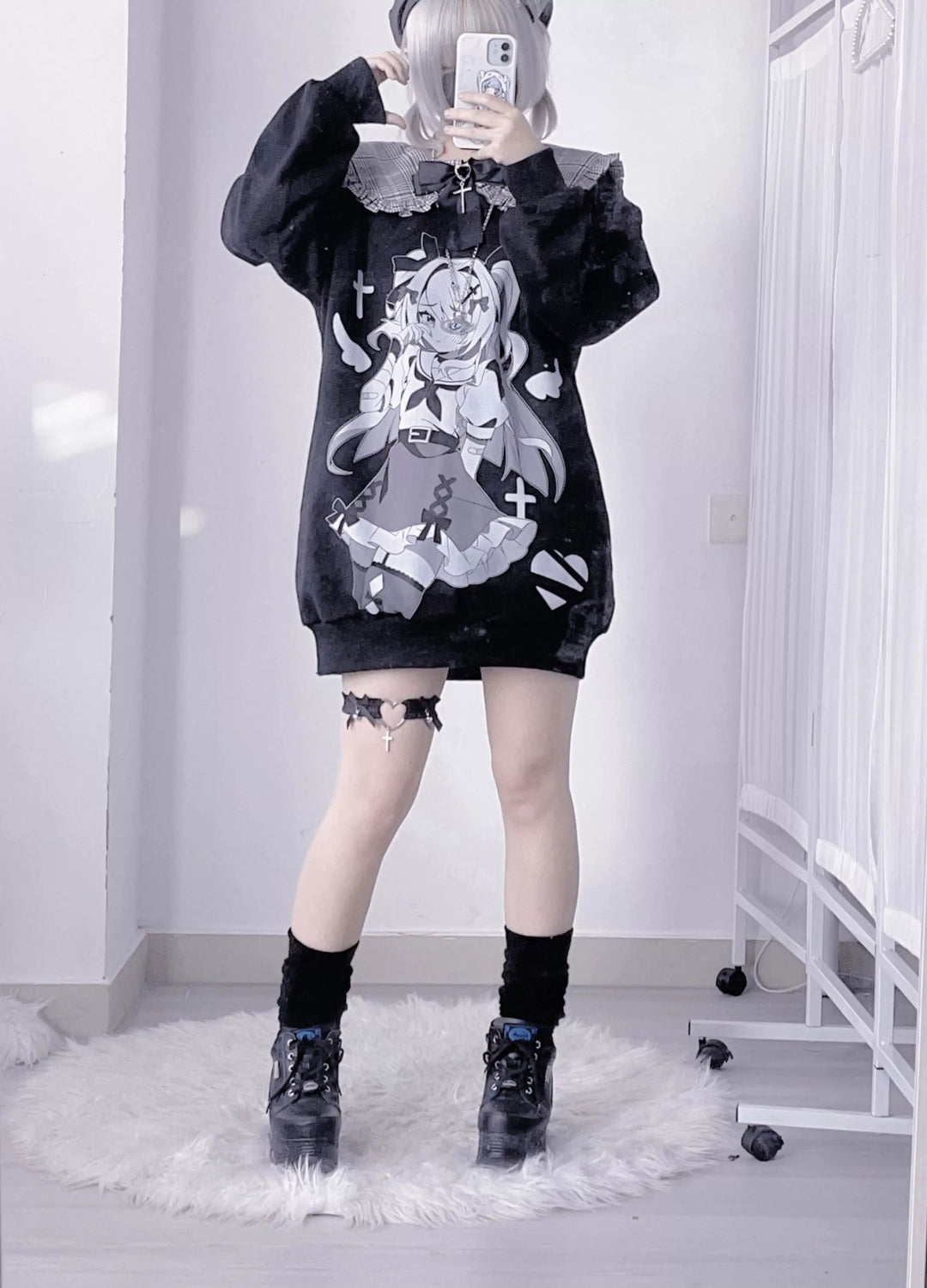 Jirai Kei Hoodie Black Cotton Hoodie Peter Pan Collar 34902:471326 34902:471326