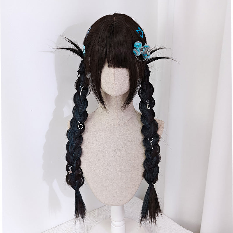 Jirai Kei Dark Brown Hidden Highlight Dyeing Haze Blue Wigs 22050:325276 22050:325276