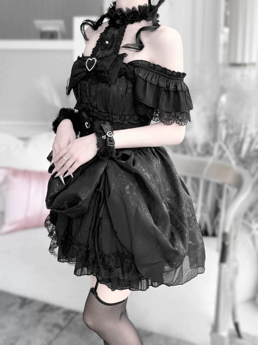 Black / White Jirai Kei Dress With Floral Lace & Halter Neck 43105:771119