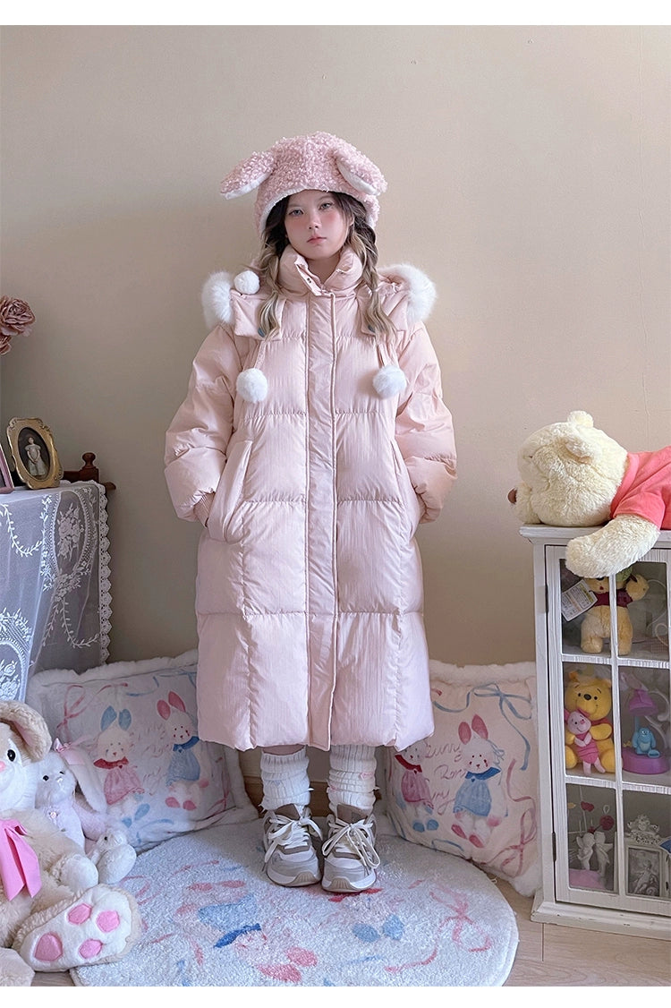 Kawaii Winter Coat Rabbit Ear Hooded Long Down Jacket (Pink / M S) 40340:665612