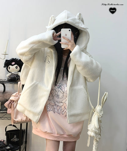 Jirai Kei White Black Coat Zipper Rabbit Ear Lamb Fleece Coat 31862:371858