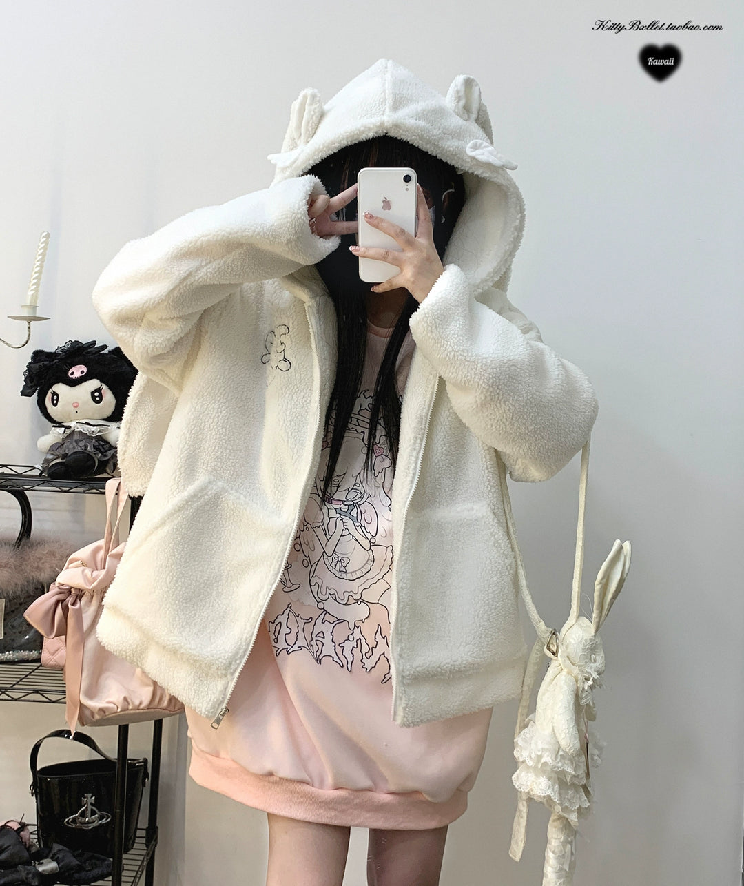 Jirai Kei Fleece Hoodie Pink White Buckle Print Long Hoodie 33356:420436 33356:420436