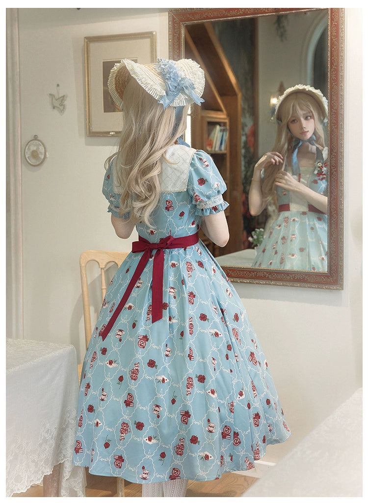 Pink Blue Lolita Dress Short Sleeve Lolita Dress Floral Tea Pot Print 37134:552422