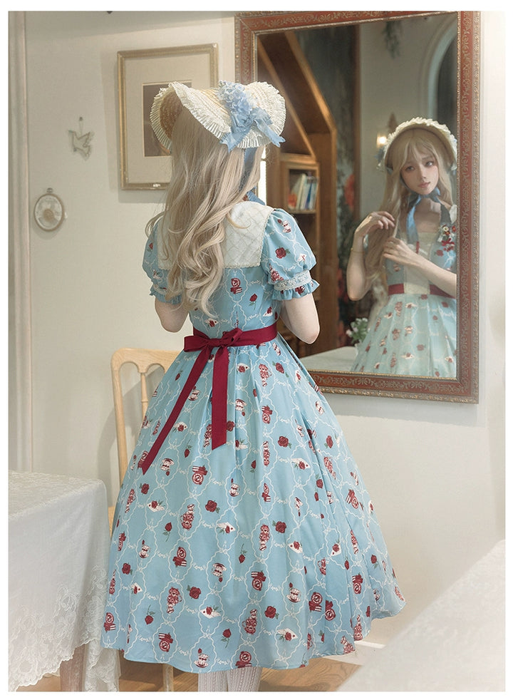 Classic Lolita Dress With Short Sleeve And Floral Tea Pot Print Multicolor 37134:552422