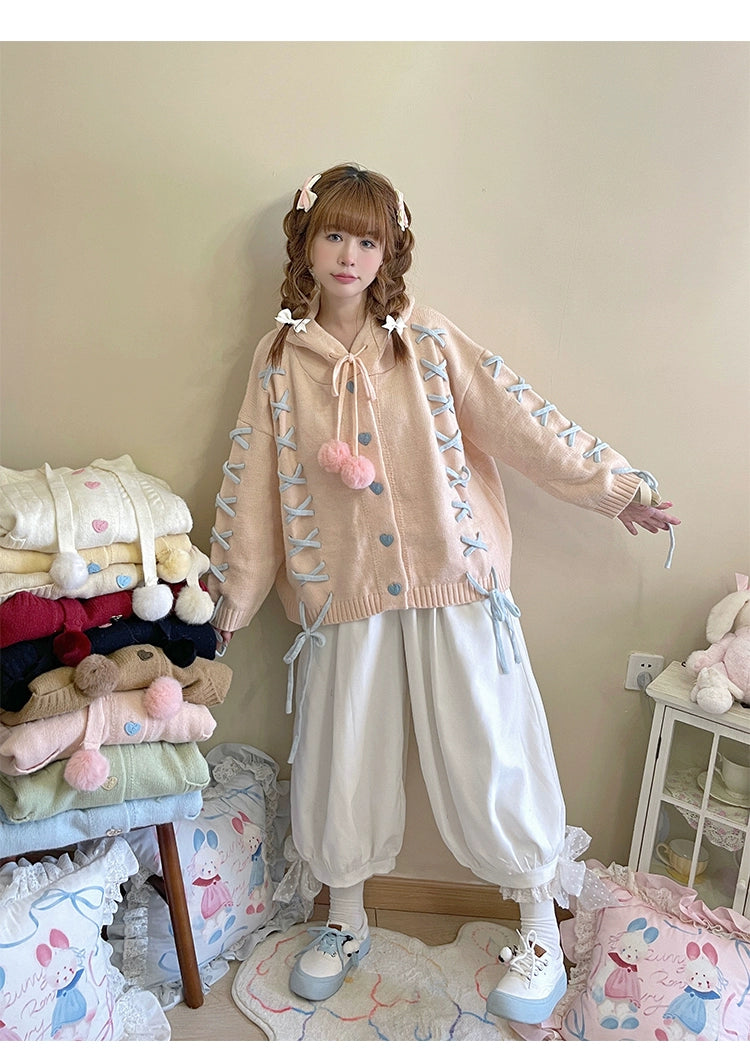 Kawaii White Pink Blue Cardigan Bunny Ears Sweater Coat 22658:345330 22658:345330