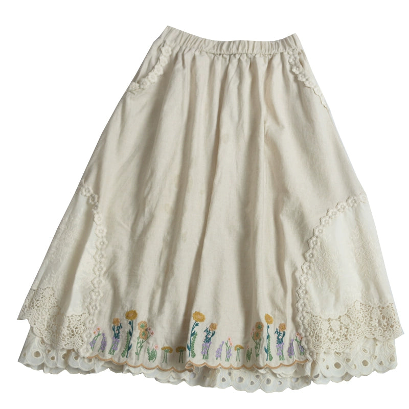 Mori Kei Skirt Sweet Retro Linen Embroidered Long Skirt 41802:714072