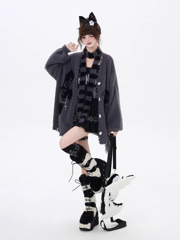 Subculture Sweater Irregular Hem Cardigan With Striped Scarf 40922:680434