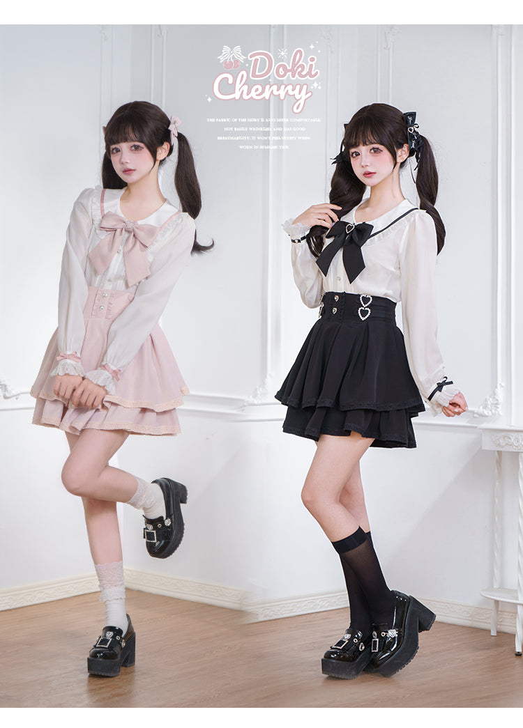 Jirai Kei Outfit A-Line Skirt and Long-Sleeved Blouse with Rhinestone Bow 42520:744265