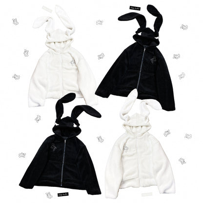 Jirai Kei White Black Coat Zipper Rabbit Ear Lamb Fleece Coat 31862:371834