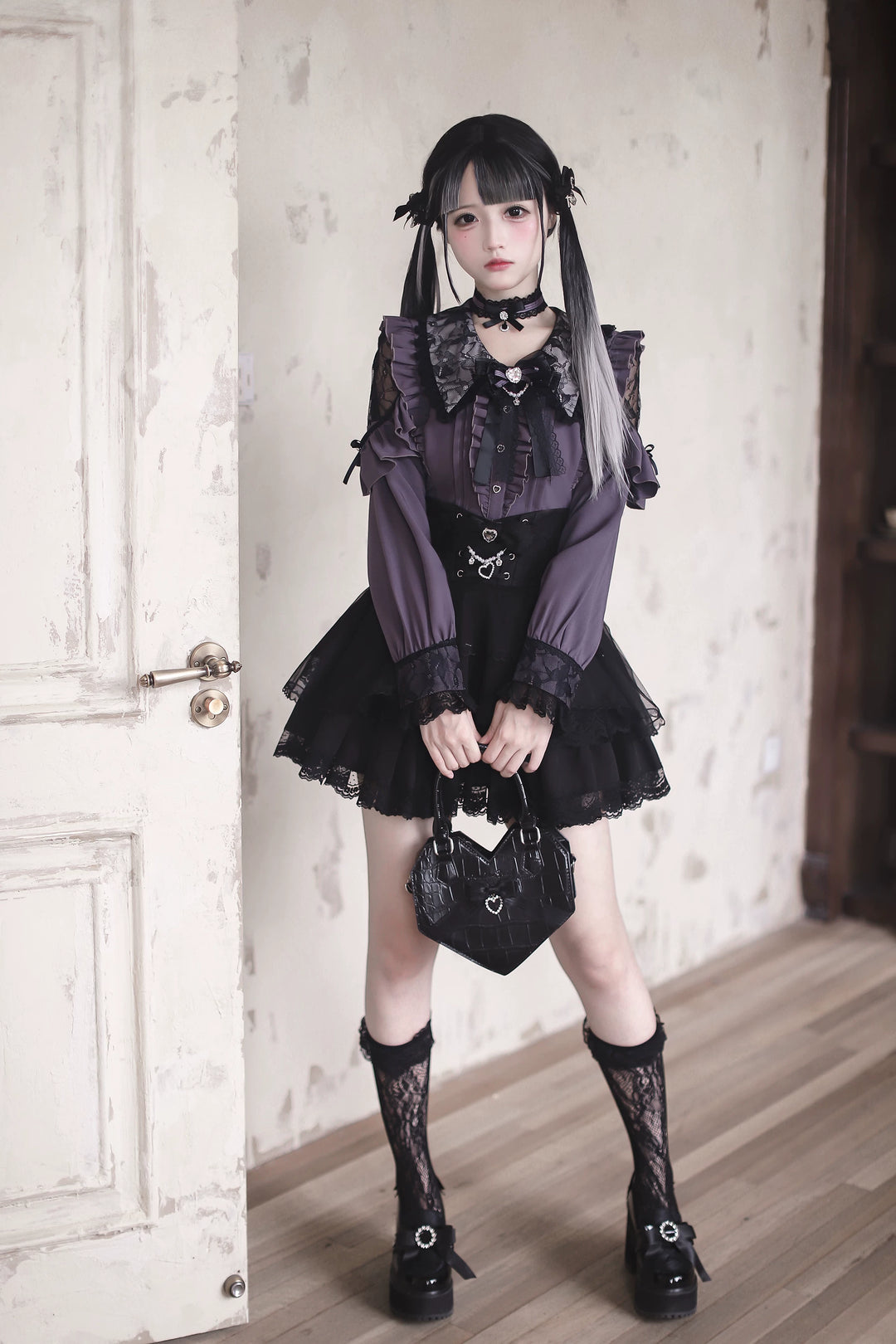 Jirai Kei Long Sleeve Blouse, Lace Open-Shoulder 44588:815034