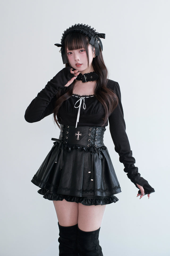 Jirai Kei Choker Top, High-Waisted Leather Skort 44327:805438