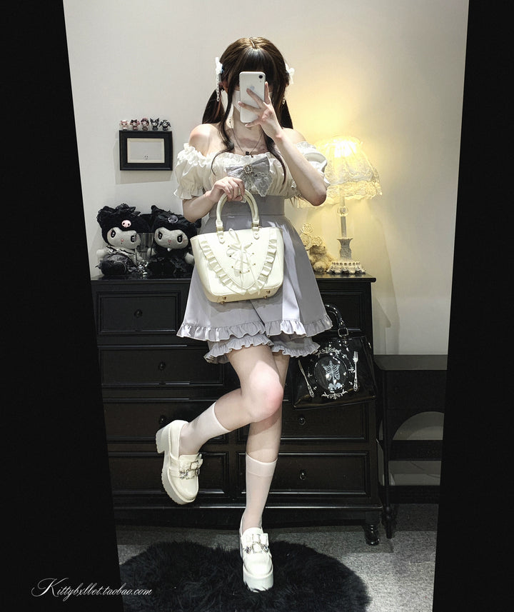 Puff Sleeve Jirai Kei Dress with Lace Bow and Shorts 43072:764365