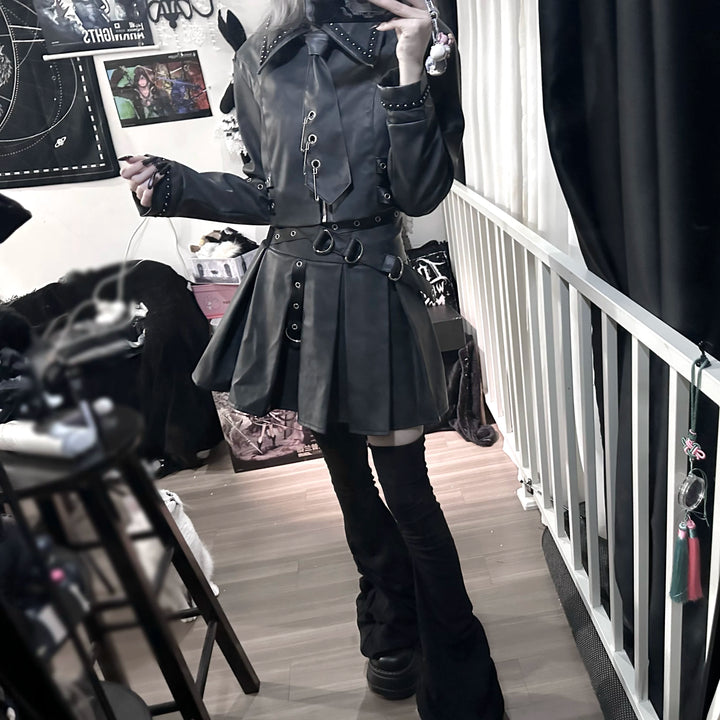 Punk Style PU Jacket, Pleated Skirt 44568:817824