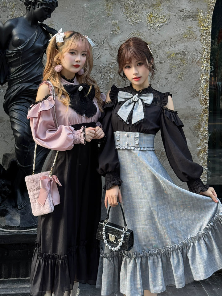 Jirai Kei Open-Shoulder Long Dress, Detachable Bow 44754:823924