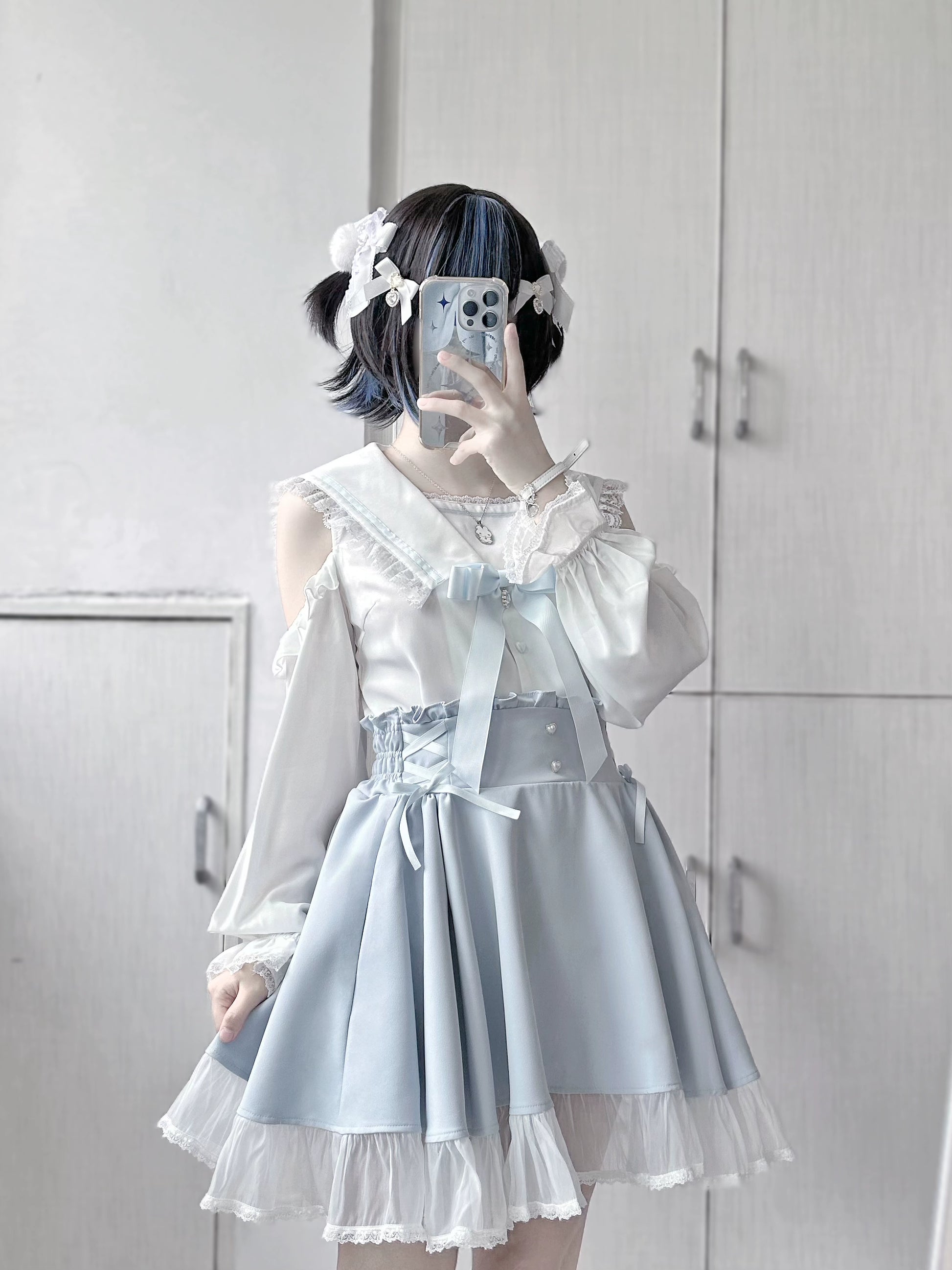 Jirai Kei Skirt Sweet Pink Blue Skirt With Flounce Hem (L M S) 35800:504084