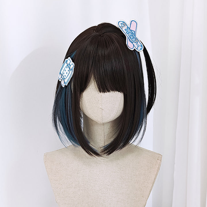 Jirai Kei Wig E-Butterfly Girl Blue Dark Brown Short Hair Wig 22044:366048 22044:366048