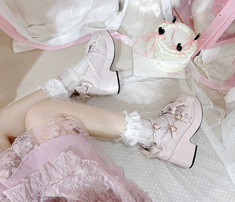 Jirai Kei Platform Shoes, Lace Bow Details, Chunky Heel 43445:778179