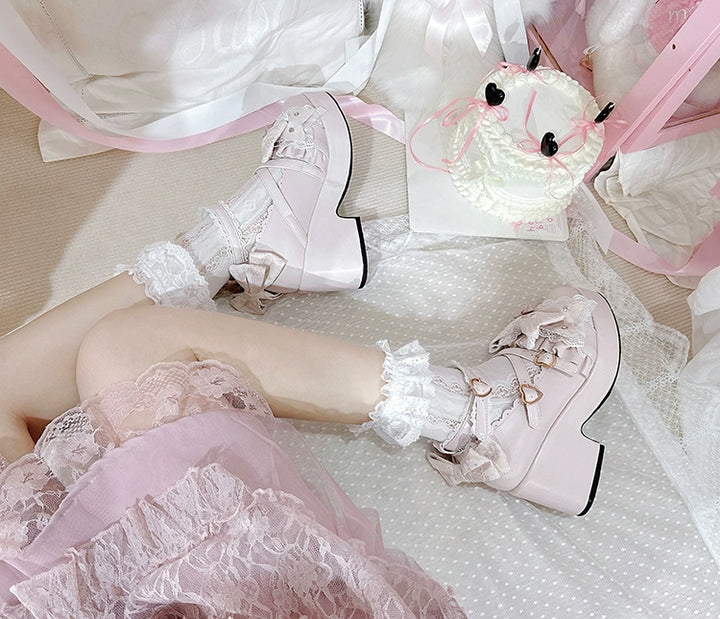 Jirai Kei Platform Shoes, Lace Bow Details, Chunky Heel 43445:778179