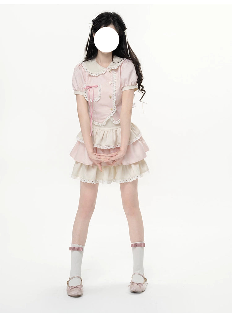 Kawaii Pink Outfit Set Sweet Tiered Skirt Set 37546:576800